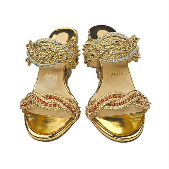 CHRISTIAN LOUBOUTIN Braided Gold-Studded Leather Wedge Sandals - Picture 2 of 13